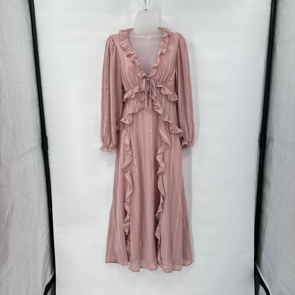 Storia Pink Ruffle V-Neck Maxi Dress Small Puff Sleeve Bridgertoncore Romantic